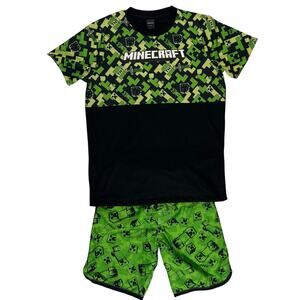 Minecraft Boys Medium Swim Shorts and Shirt Set Green Black Creeper Gamer Outfit